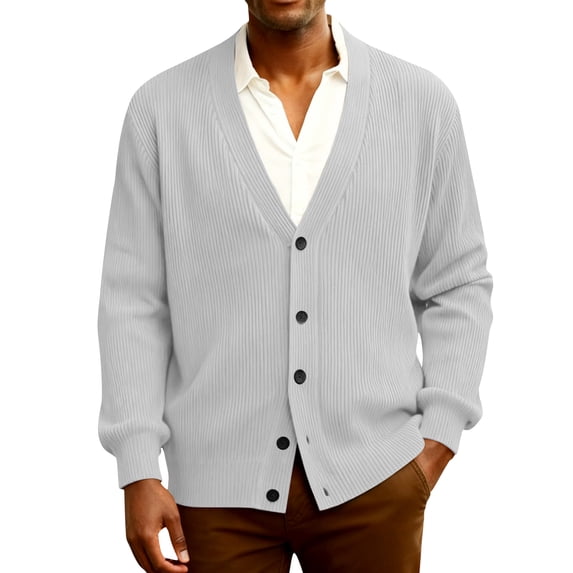 Dwellite Mens Cardigan Sweater Loose Fit Button Up Plus Size Cardigan Spring Dressy Casual Long Sleeve Ribbed Knitted Sweater Light Gray L