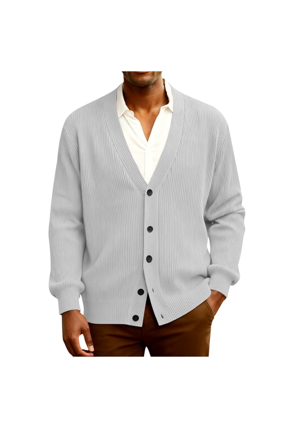 Mens Cardigan Sweater Loose Fit Button Up Plus Size Cardigan Spring Dressy Casual Long Sleeve Ribbed Knitted Sweater Light Gray S