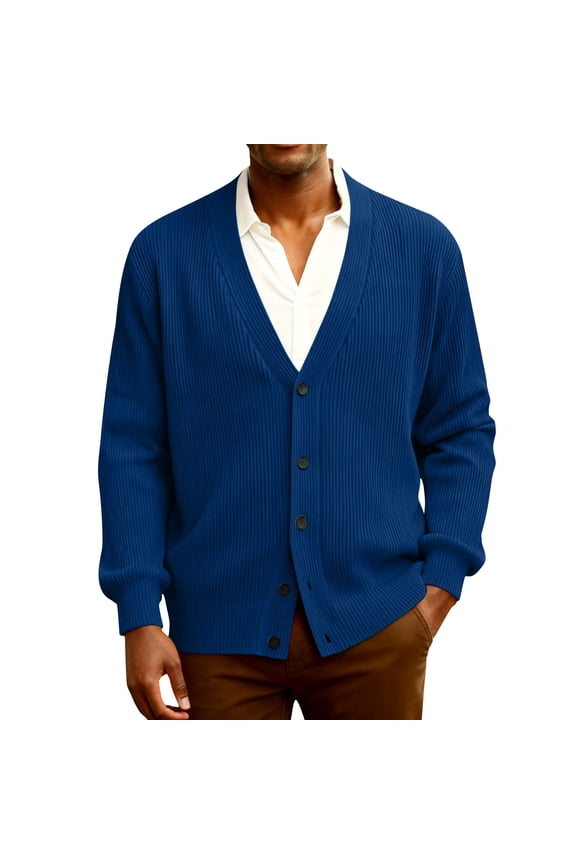 Mens Cardigan Sweater Loose Fit Button Up Plus Size Cardigan Spring Dressy Casual Long Sleeve Ribbed Knitted Sweater Royal Blue 3XL