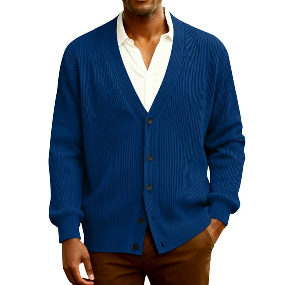 Dwellite Mens Cardigan Sweater Loose Fit Button Up Plus Size Cardigan Spring Dressy Casual Long Sleeve Ribbed Knitted Sweater Royal Blue 4XL
