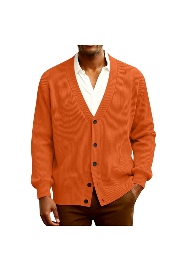 Mens Cardigan Sweater Loose Fit Button Up Plus Size Cardigan Spring Dressy Casual Long Sleeve Ribbed Knitted Sweater Saffron M