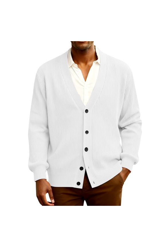 Mens Cardigan Sweater Loose Fit Button Up Plus Size Cardigan Spring Dressy Casual Long Sleeve Ribbed Knitted Sweater White S