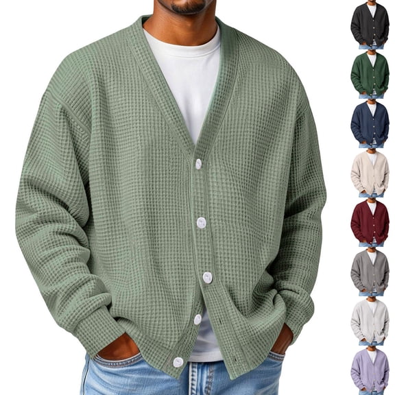 Dwellite Mens Cardigan Sweater Waffle Knit Collar Casual Sweaters Long Sleeve Button Down Casual Tops for Fall Winter Light Green 4XL