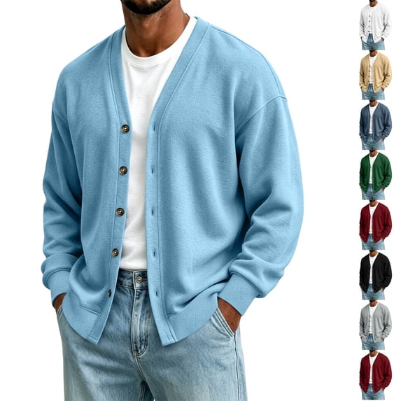 Dwellite Mens Cardigan V Neck Sweater Lightweight Button Slim Fit Soft Fall Winter Jacket Fashion Solid Color Sweater Blue 2XL