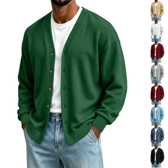 Dwellite Mens Cardigan V Neck Sweater Lightweight Button Slim Fit Soft Fall Winter Jacket Fashion Solid Color Sweater Dark Green XL