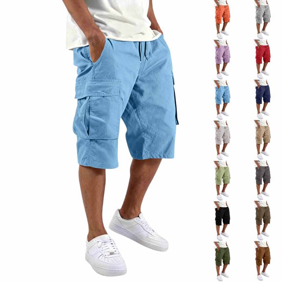 Dwellite Mens Cargo Shorts Below The Knee Length Plus Size Hiking Work Relaxed Fit Capri Tactical Shorts with Multi Pockets Sky Blue L