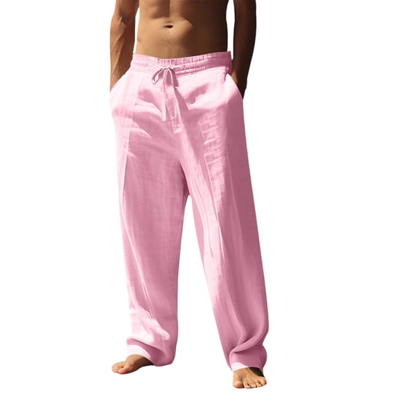 Dwellite Mens Casual Cotton Linen Pants Drawstring Loose Fit Summer Beach Pant Lightweight Trousers with Pockets Pink 2XL