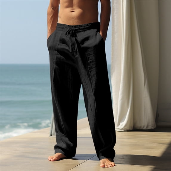 Dwellite Mens Casual Linen Pant Cotton Lightweight Loose Fit Drawstring Elastic Waist Pocket Straight Legs Summer Beach Yoga Black S
