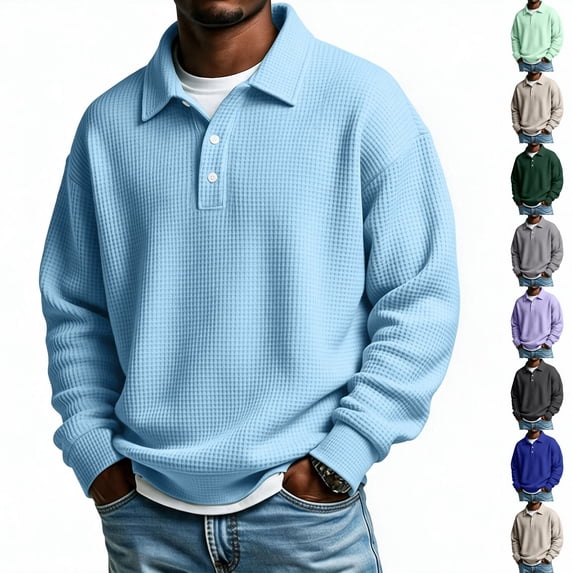 Dwellite Mens Casual Waffle Polo Shirts Button Collared Shirts Long Sleeve Sweater Fall Winter Solid Color Clothes Light Blue XL