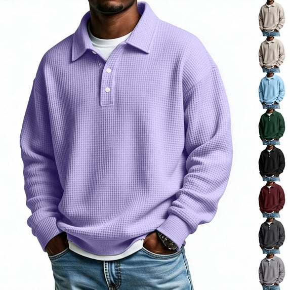 Dwellite Mens Casual Waffle Polo Shirts Button Collared Shirts Long Sleeve Sweater Fall Winter Solid Color Clothes Light Purple M