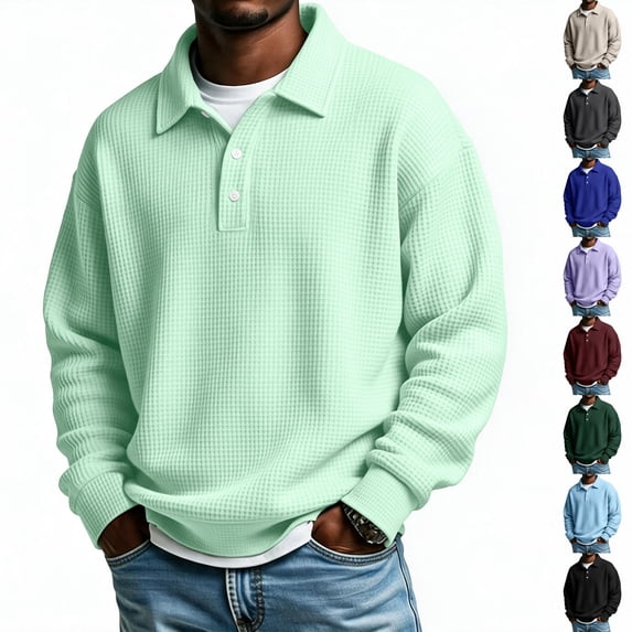 Dwellite Mens Casual Waffle Polo Shirts Button Collared Shirts Long Sleeve Sweater Fall Winter Solid Color Clothes Mint Green XL