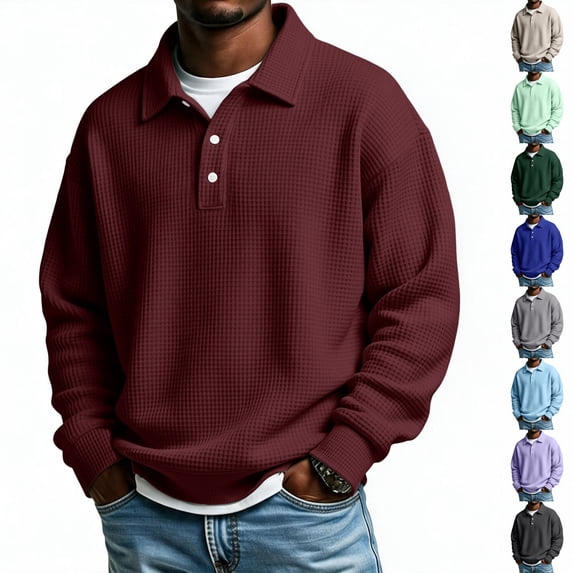 Dwellite Mens Casual Waffle Polo Shirts Button Collared Shirts Long Sleeve Sweater Fall Winter Solid Color Clothes Wine XL