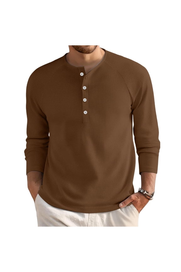 Mens Henley Long Sleeve Shirts Waffle Knitted 4-Button Casual Basic Lightweight Tops Crewneck Button Down T-Shirts Coffee L