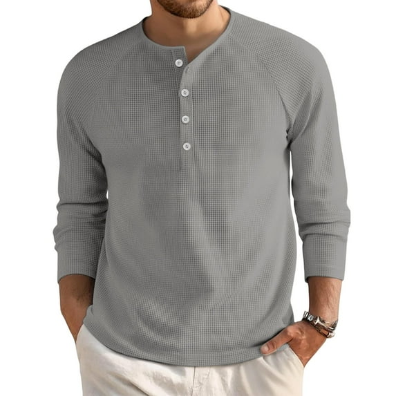 Dwellite Mens Henley Long Sleeve Shirts Waffle Knitted 3-Button Casual Basic Lightweight Tops Crewneck Button Down T-Shirts Gray M