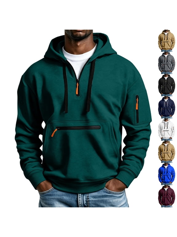Mens Hoodies Half Zip Hooded Sweatshirt Casual Long Sleeve Hoodie Sweatshirt Cargo Sweatshirt with Pockets Dark Green L