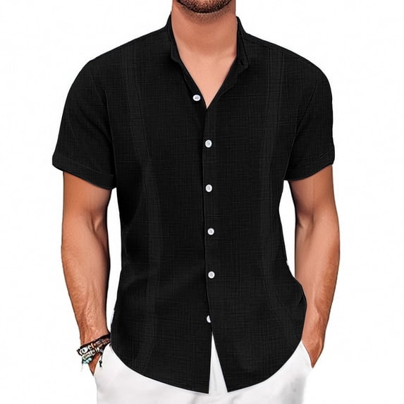 Dwellite Mens Linen Shirts Short Sleeve Button Down Shirts Casual Lightweight Summer Beach Solid Tops Black XL