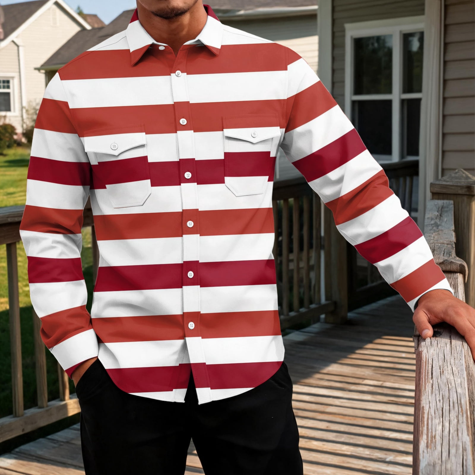 Red 4591 Dwellite Mens Long Sleeve Fishing Shirt Button Down Lightweight Striped ...