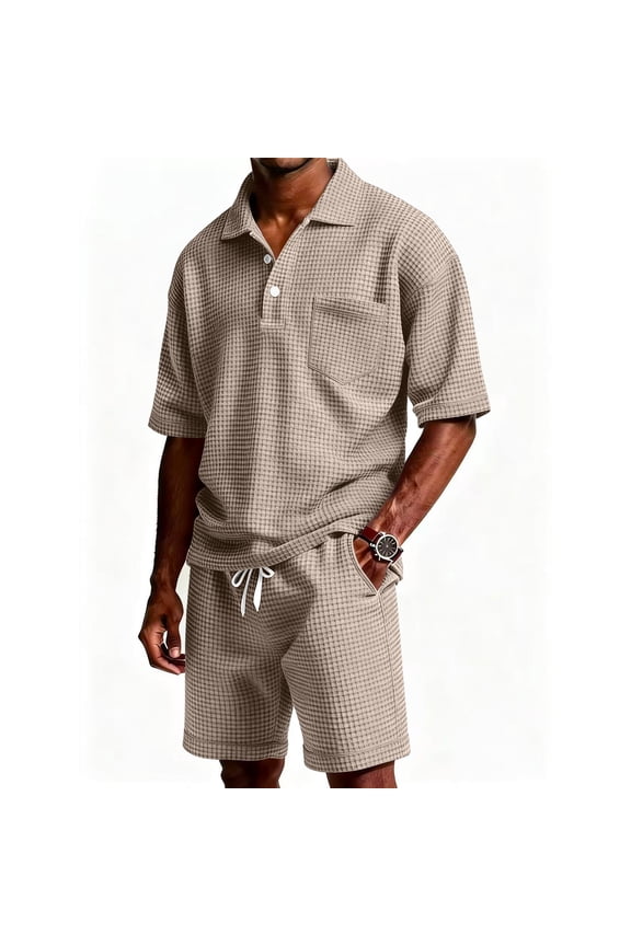 Mens Matching Shirt and Shorts Set Button Down Waffle Shirt Loose Shorts Vacation Outfits 2 Piece Summer Tracksuits Khaki S