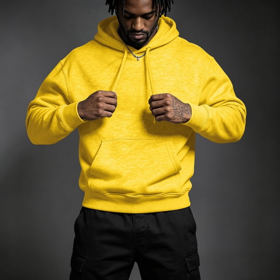 Dwellite Mens Oversized Hoodies Fleece Lined Sweatshirts Fall Winter Hooded Collar Pullover With Pocket for Workout Gym Yellow L