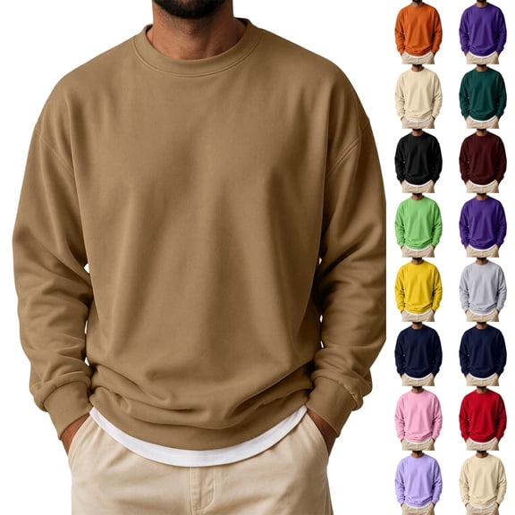 Dwellite Mens Oversized Sweatshirt Fleece Crewneck Shirts Long Sleeve Shirts Pullover Soft Fall Winter Work Tops Camel L