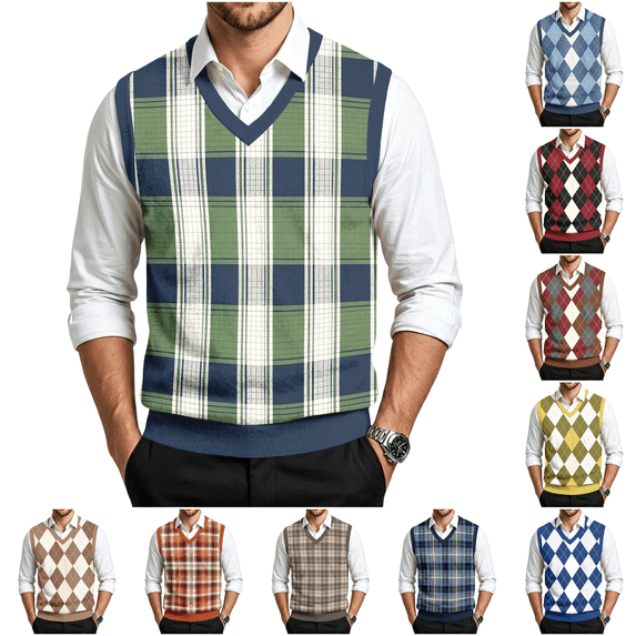 Dwellite Mens Plaid Sweater Vest Casual Sleeveless Knit Pullover V Neck Business Office Fall Winter Sweaters Green 4XL