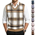 thumbnail image 1 of Dwellite Mens Plaid Sweater Vest Casual Sleeveless Knit Pullover V Neck Business Office Fall Winter Sweaters Khaki 5XL, 1 of 7