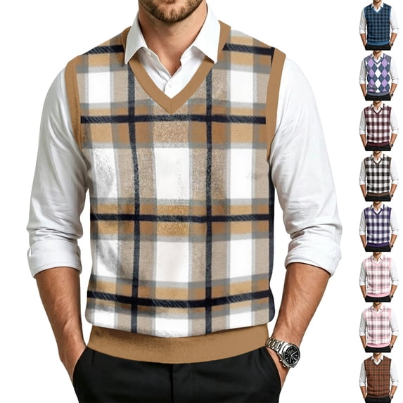 Dwellite Mens Plaid Sweater Vest Casual Sleeveless Knit Pullover V Neck Business Office Fall Winter Sweaters Khaki 5XL