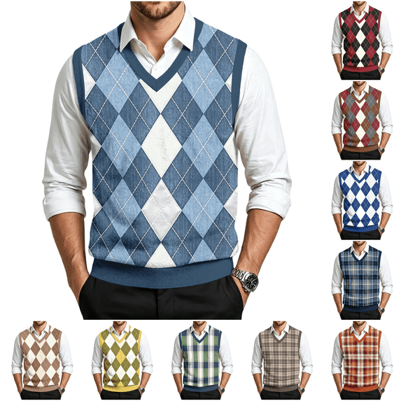 Dwellite Mens Plaid Sweater Vest Casual Sleeveless Knit Pullover V Neck Business Office Fall Winter Sweaters Light Blue 5XL