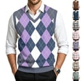 thumbnail image 1 of Dwellite Mens Plaid Sweater Vest Casual Sleeveless Knit Pullover V Neck Business Office Fall Winter Sweaters Light Purple S, 1 of 7