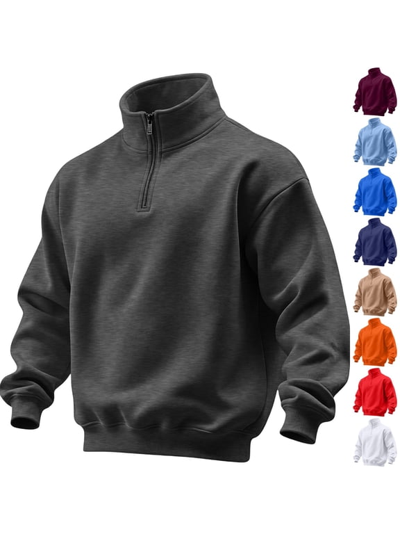 Mens Quarter Zip Pullover Sweatshirt Casual Sweater Drop Shoulder Relaxed Fit Long Sleeve Fall Winter Fashion Sweatshirts Dark Gray 2XL