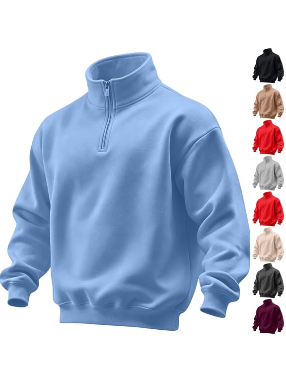 Mens Quarter Zip Pullover Sweatshirt Casual Sweater Drop Shoulder Relaxed Fit Long Sleeve Fall Winter Fashion Sweatshirts Light Blue 2XL