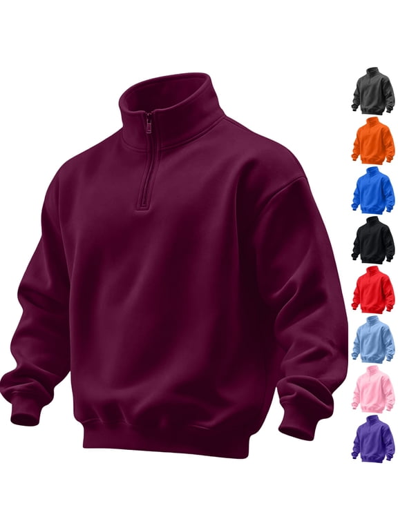 Mens Quarter Zip Pullover Sweatshirt Casual Sweater Drop Shoulder Relaxed Fit Long Sleeve Fall Winter Fashion Sweatshirts Wine 3XL