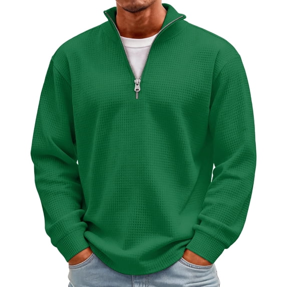 Dwellite Mens Quarter Zip Sweatshirt Waffle Knit Stand Collar Athletic Fleece Pullover Lightweight Loose Fit Tops Fall Long Sleeve Casual Sweatshirts Dark Green 3XL