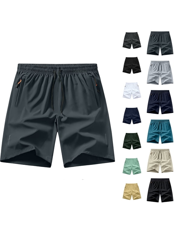 Mens Quick Dry Athletic Shorts Workout Running Elastic Waist Drawstring Summer Gym Shorts with Zipper Pockets Dark Gray XL