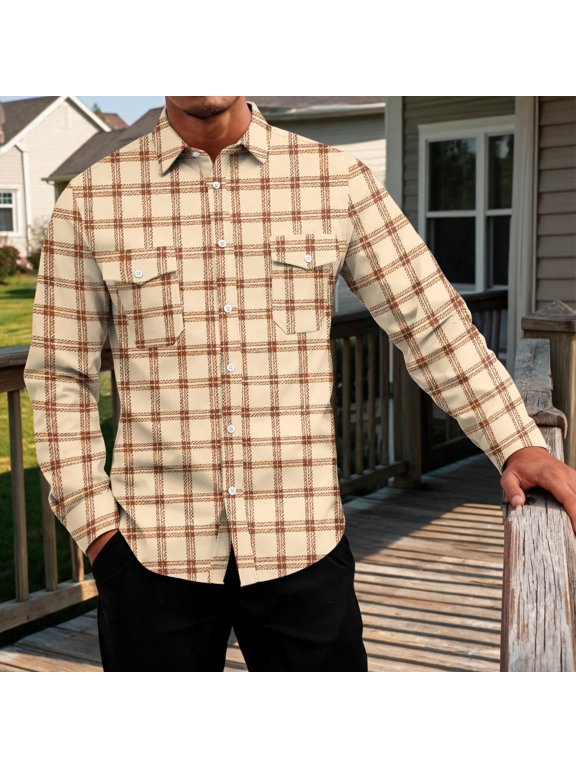 Mens Shirts Long Sleeve Casual Plaid Button Down Shirt Cotton Checkered Shirt Work Shirts with Pockets Beige L