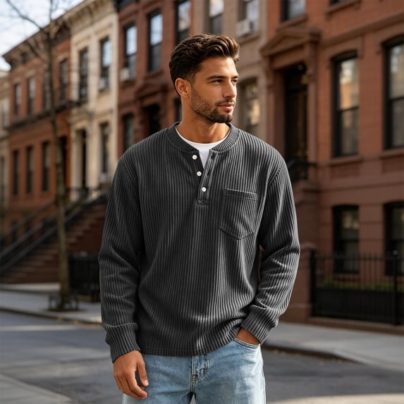 Dwellite Mens Sweater Long Sleeve Corduroy Henley Sweaters Quarter Button Business Casual Tops for Fall Winter Black XL
