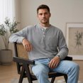 thumbnail image 1 of Dwellite Mens Sweater Long Sleeve Corduroy Henley Sweaters Quarter Button Business Casual Tops for Fall Winter Light Gray S, 1 of 6
