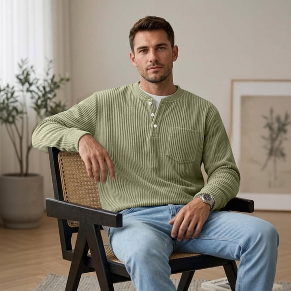 Dwellite Mens Sweater Long Sleeve Corduroy Henley Sweaters Quarter Button Business Casual Tops for Fall Winter Mint Green L