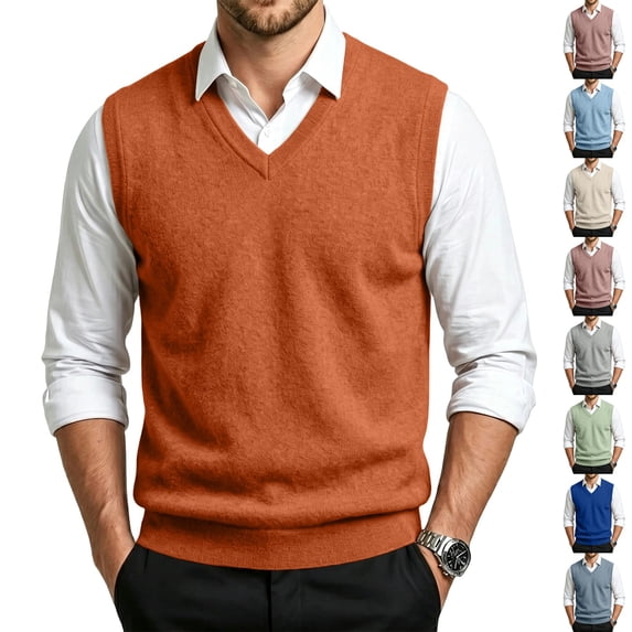 Dwellite Mens Sweater Vest Casual Sleeveless Knit Pullover V Neck Solid Knit Business Office Fall Winter Sweaters Saffron 3XL