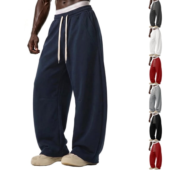 Dwellite Mens Sweatpants Baggy Barrel Leg Sweatpant Fall Winter Lounge Pants Athletic Gym Running Sweatpants with Pockets Dark Blue 2XL