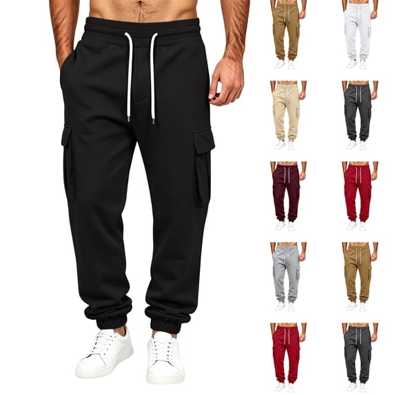 Dwellite Mens Sweatpants Drawstring Elastic Waist Cargo Joggers with Pockets Casual Fashion Solid Color Sweat Pants Black XL