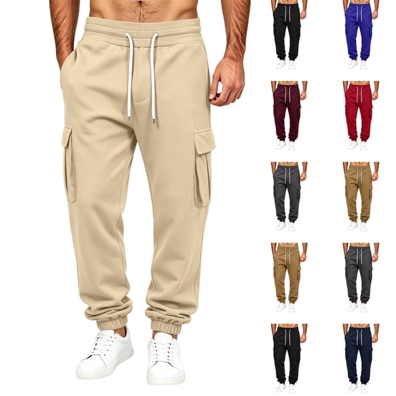 Dwellite Mens Sweatpants Drawstring Elastic Waist Cargo Joggers with Pockets Casual Fashion Solid Color Sweat Pants Khaki S
