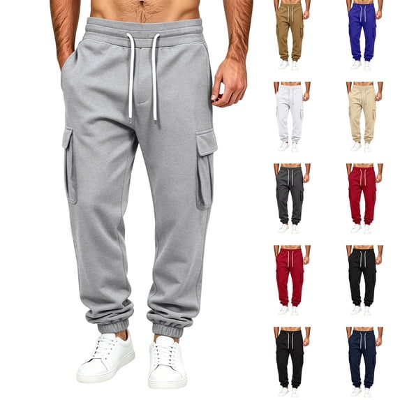 Dwellite Mens Sweatpants Drawstring Elastic Waist Cargo Joggers with Pockets Casual Fashion Solid Color Sweat Pants Light Gray XL