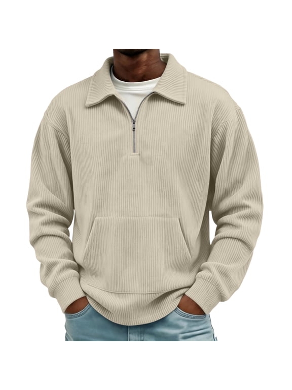 Mens Sweatshirt Corduroy Quarter Zip Collared Long Sleeve Business Casual Office Wear for Fall Winter Khaki L
