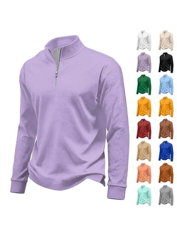 Mens Sweatshirt Waffle Quarter Zip Pullover Long Sleeve Sweatshirts Fall Winter Casual Soft Stand Collar Shirts for Golf Athletic Light Purple 3XL
