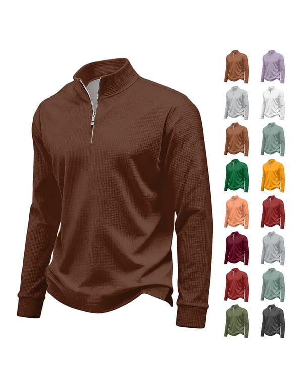 Mens Sweatshirt Waffle Quarter Zip Pullover Long Sleeve Sweatshirts Fall Winter Casual Soft Stand Collar Shirts for Golf Athletic Coffee XL