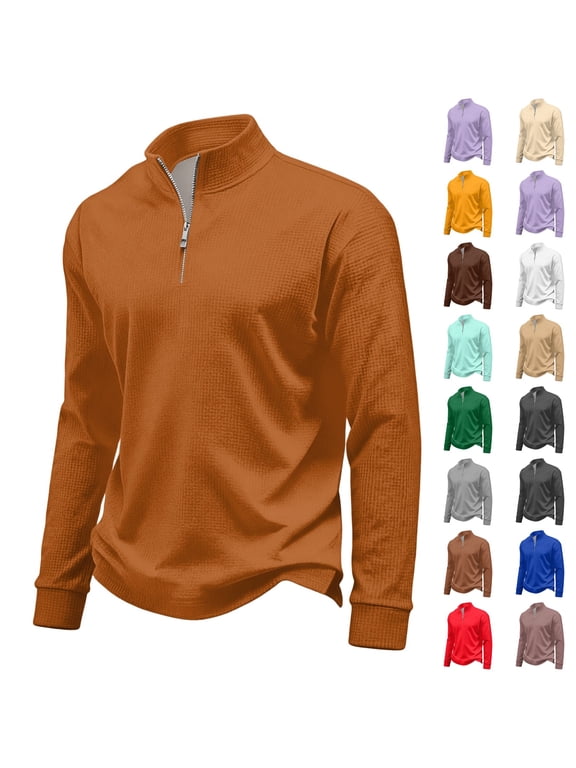 Mens Sweatshirt Waffle Quarter Zip Pullover Long Sleeve Sweatshirts Fall Winter Casual Soft Stand Collar Shirts for Golf Athletic Orange 3XL