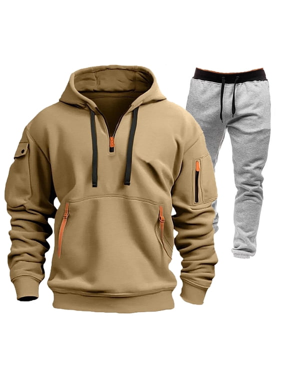 Mens Sweatsuits 2 Piece Set Cargo Pullover Sweatpants Zip Up Hoodie Sets Work Out Casual Athletic Joggers Tracksuits Khaki XL