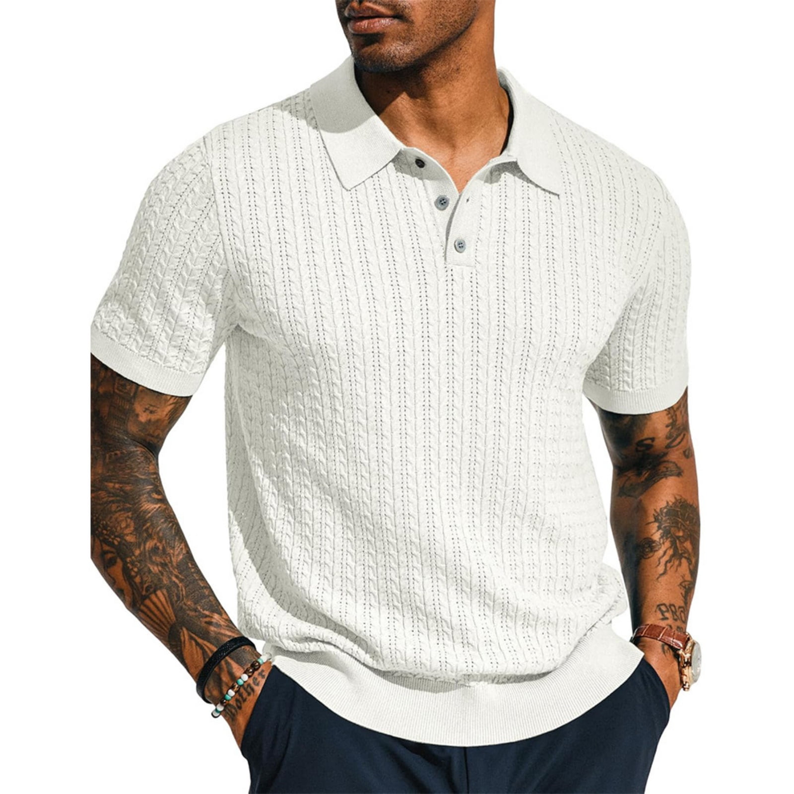 Dwellite Mens Texture Knit Polo Shirts Short Sleeve Slim Fit Golf Shirt ...