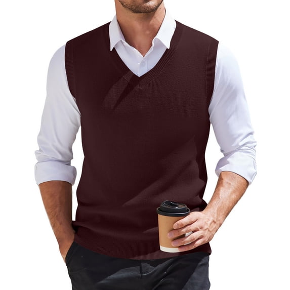 Dwellite Mens V-Neck Knitted Sweater Vest Solid Plain Sleeveless Pullover Casual Daily Tops 2026 Wine 4XL